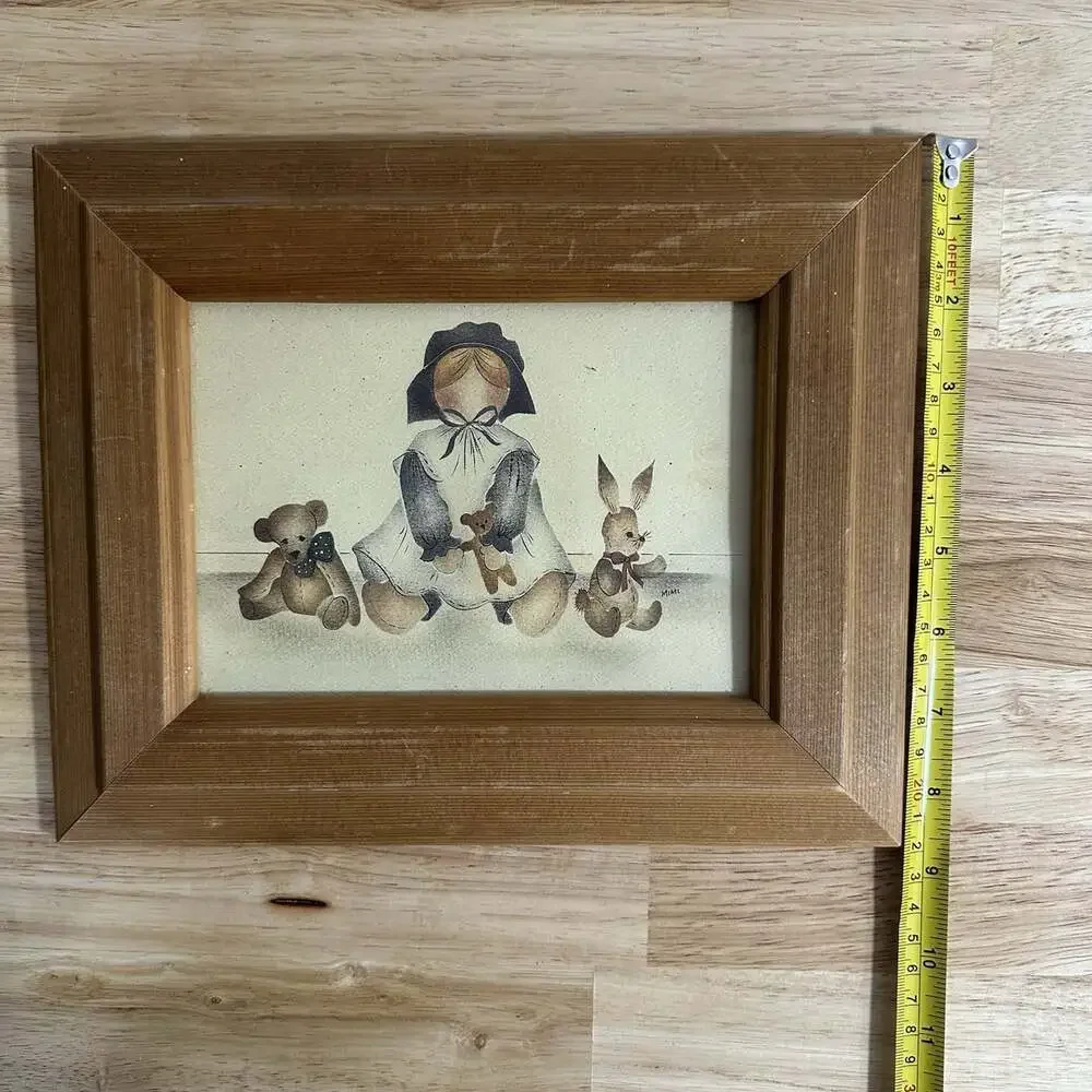 Vintage Girl With Teddy Bears And Bunny Oak Wood Framed Photo
